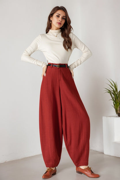 Red Linen Wide Leg Baggy Pants - Relaxed Fit, Button Closure 5899