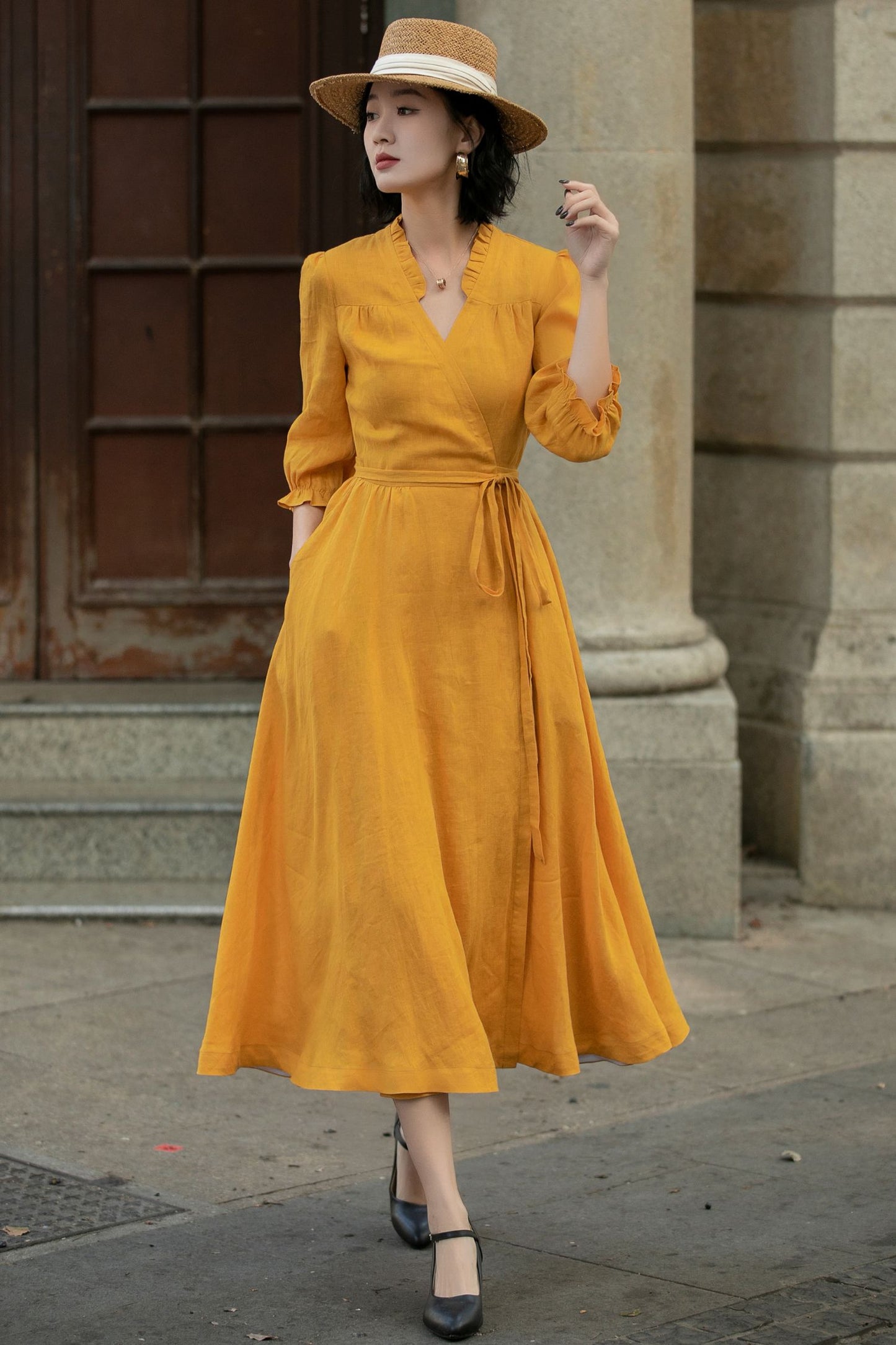 Yellow linen wrap dress with belted 5684