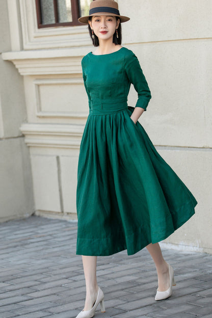 Emerald Green Linen Midi Dress - Bow Tie Waist Pockets | Xiaolizi 5721