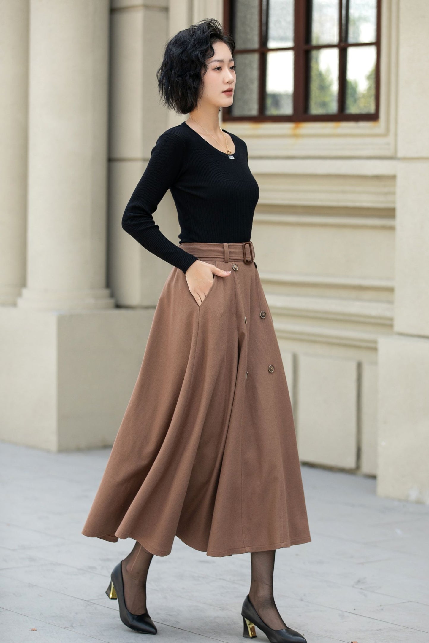 Brown button front a line wool skirt 5453