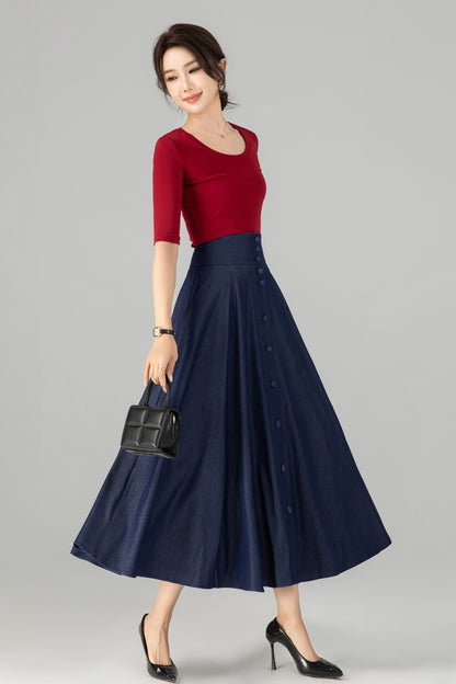 Navy Cotton Denim Midi Skirt - A-Line High Waist Button Front 6143