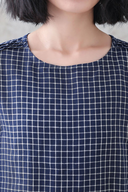 Navy Check Linen Blouse – Loose Fit Summer Top with 3/4 Sleeves 3336