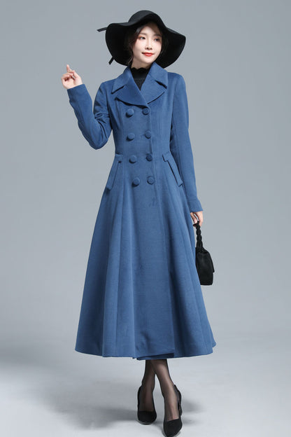 Blue Wool Maxi Coat - Vintage Inspired Fit & Flare Silhouette 3127