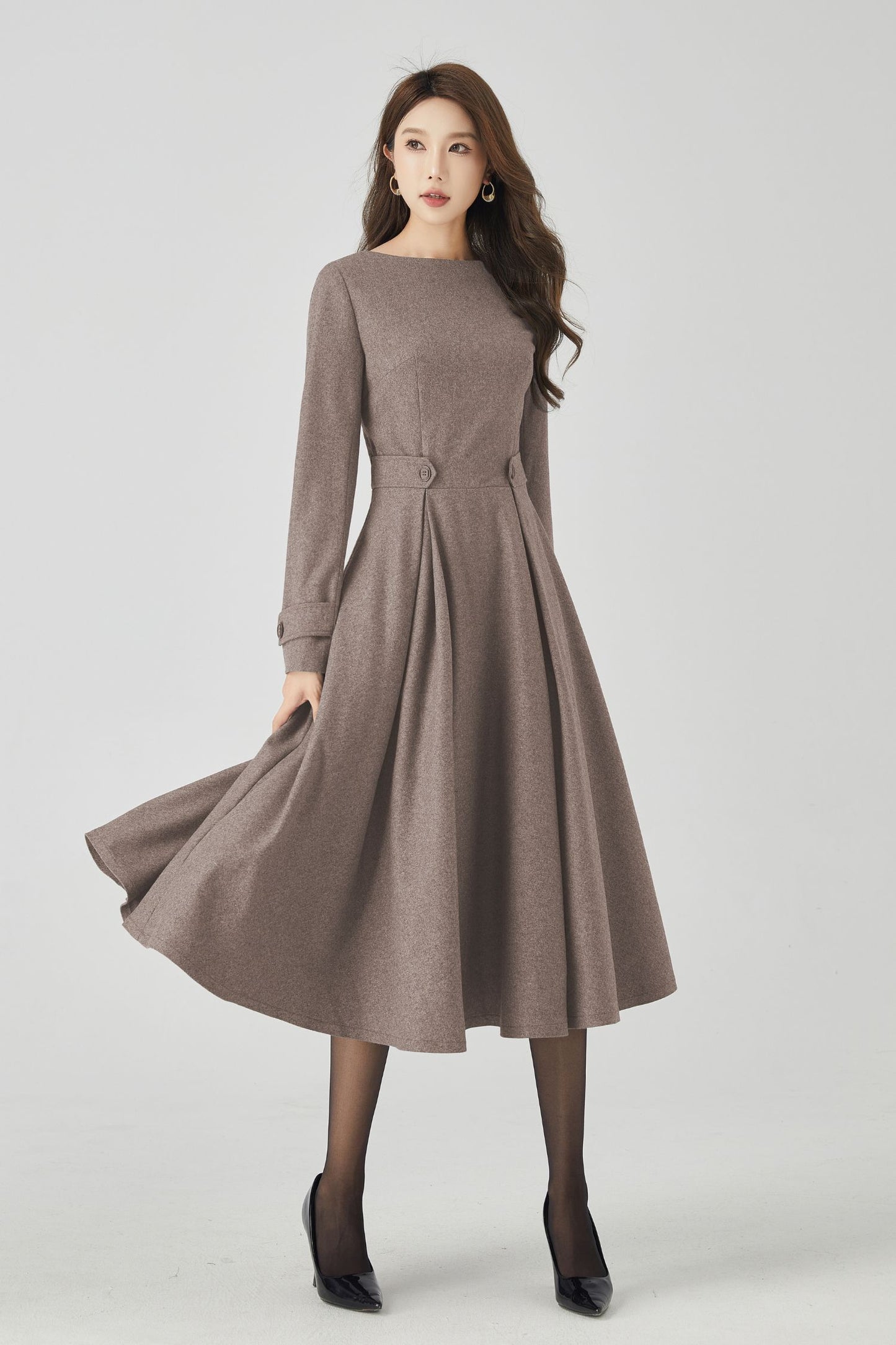 Brown Wool Dress – Handmade Fit & Flare Long Sleeve Midi | Xiaolizi 5444