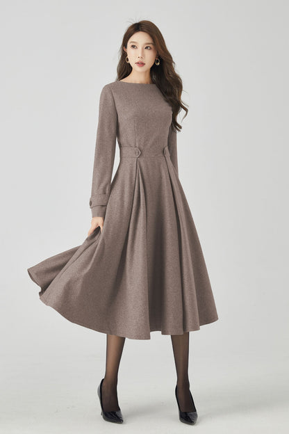Brown Wool Dress – Handmade Fit & Flare Long Sleeve Midi | Xiaolizi 5444