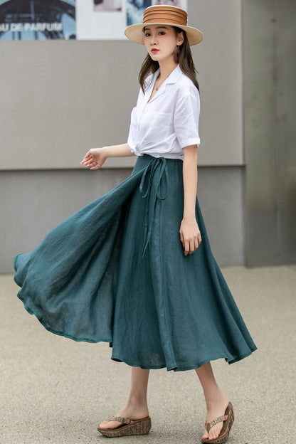 Green Swing Linen Midi Wrap Skirt 4269