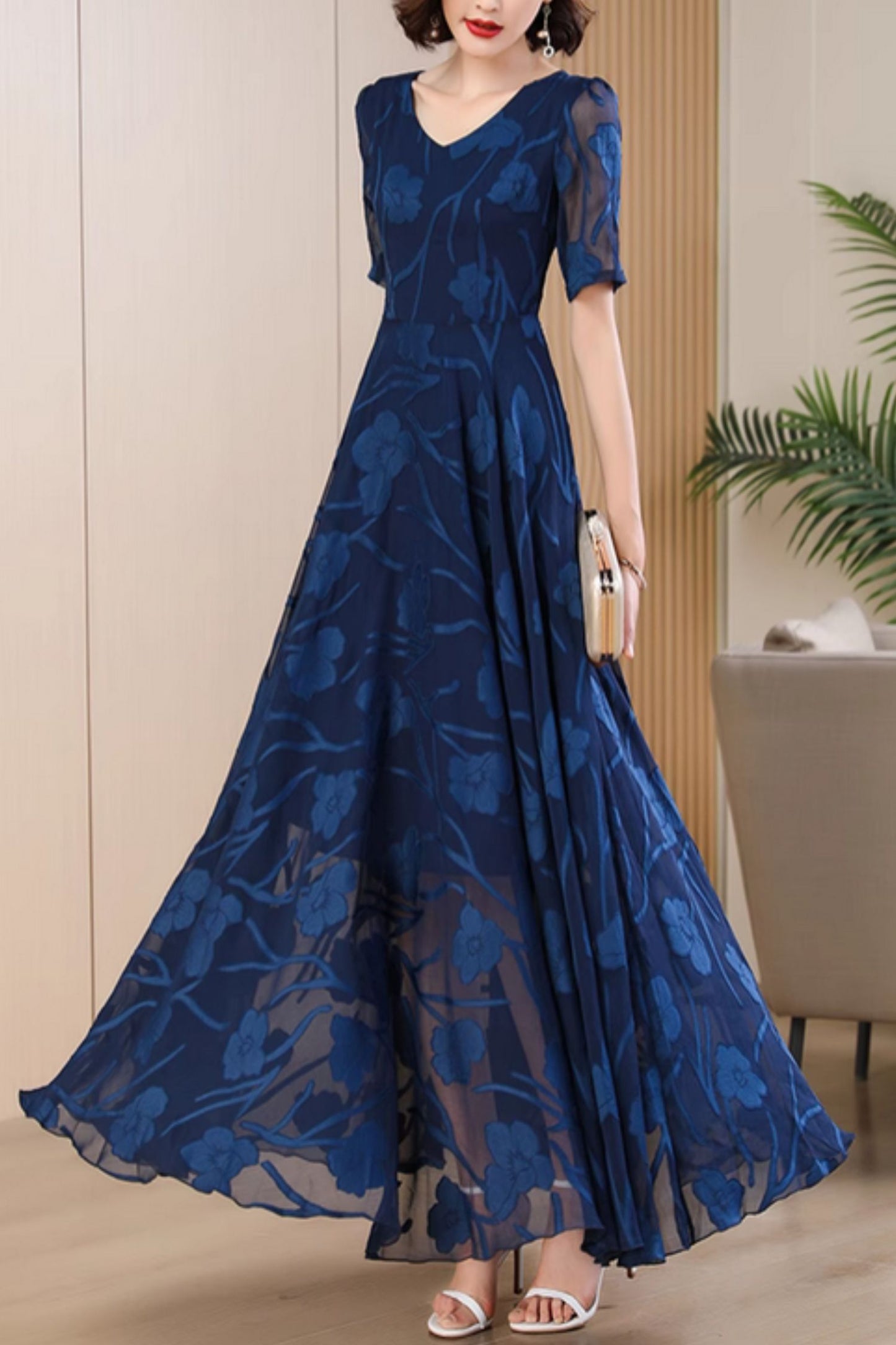 Dark blue floral maxi prom summer chiffon dress 5051