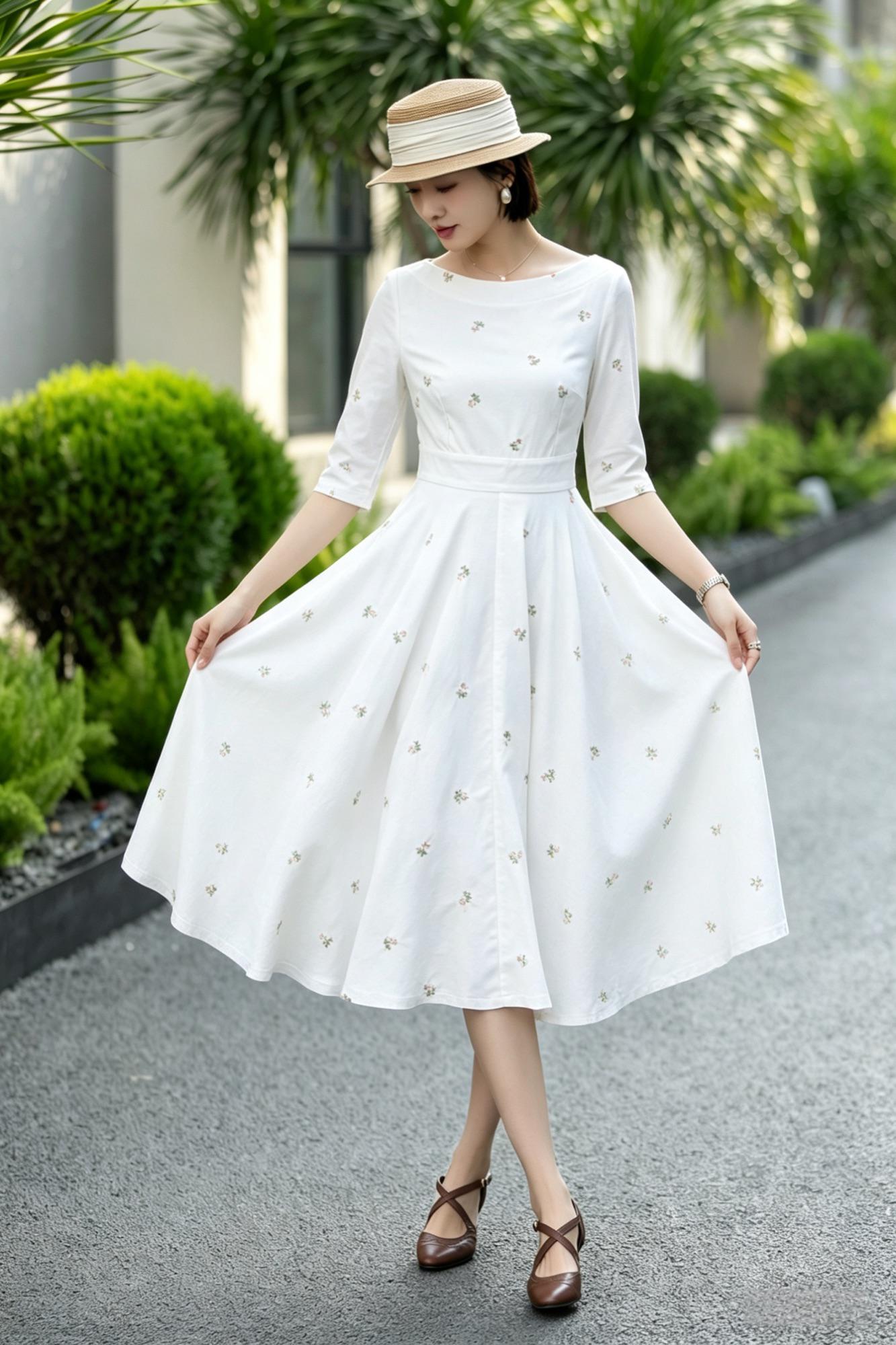 White Linen Cotton Midi Dress – Vintage Fit & Flare with Pockets 6785