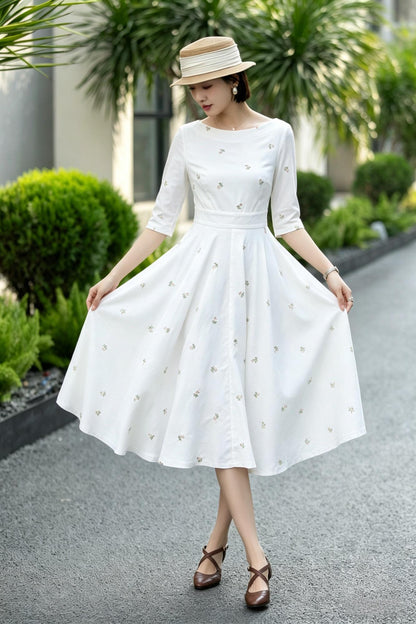 White Linen Cotton Midi Dress – Vintage Fit & Flare with Pockets 6785
