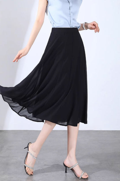 Green Chiffon A-Line Midi Skirt - Flowy Swing Silhouette 6129