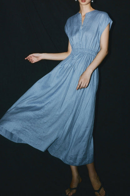 Blue Linen Midi Dress - A-Line Silhouette with Cap Sleeves HY0021