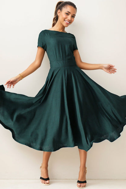 Green Linen Midi Dress - Fit and Flare, High Waist 5092