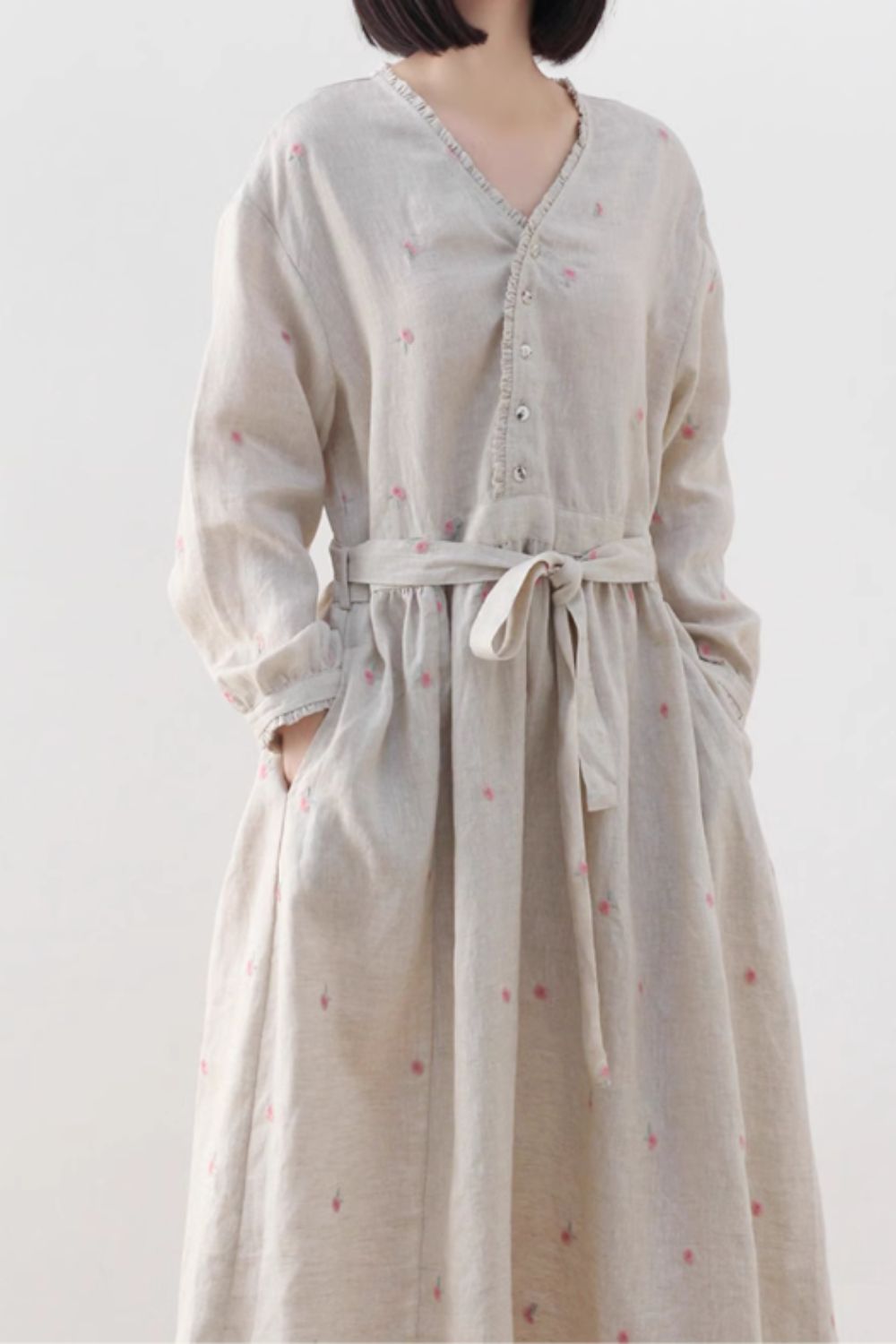 Romantic floral beige linen dress for women 4830