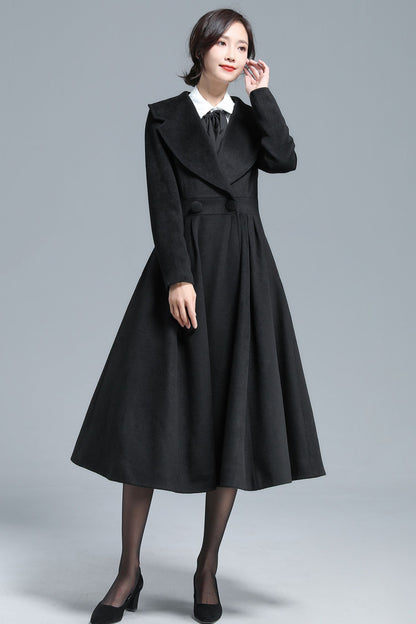 Vintage Black Wool Blend Coat – Elegant Double-Breasted Fit & Flare Maxi Coat | Xiaolizi 3130