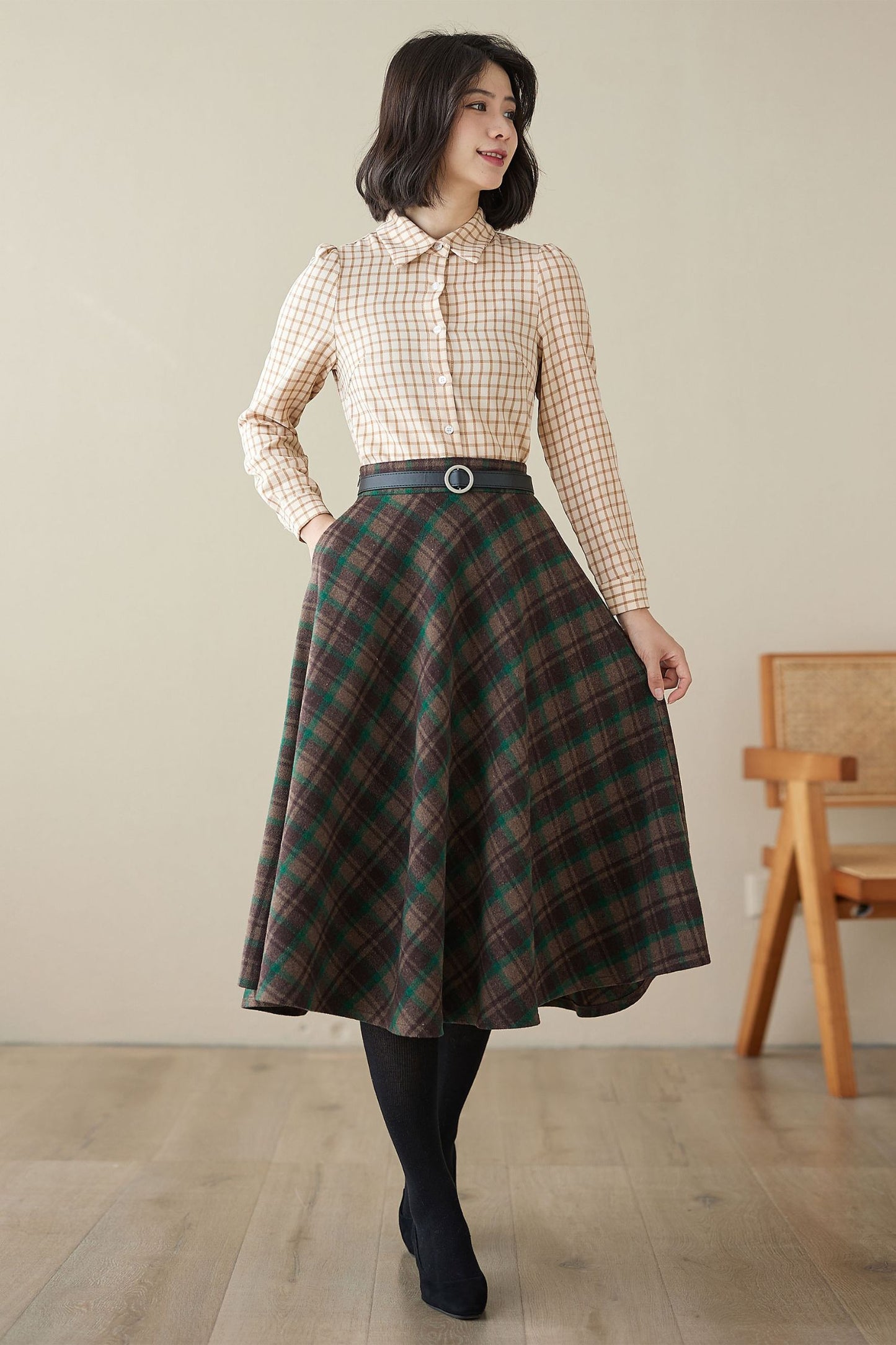 Midi Swing Circle Wool Plaid Skirt 4623