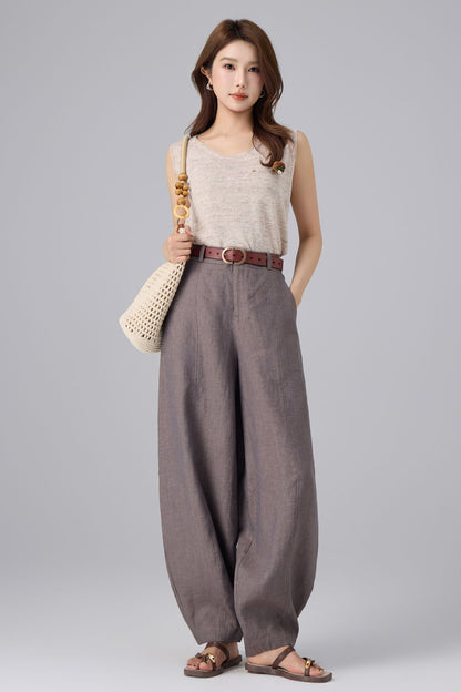 Charcoal Linen Pants - High Waist Lantern | Xiaolizi 6758