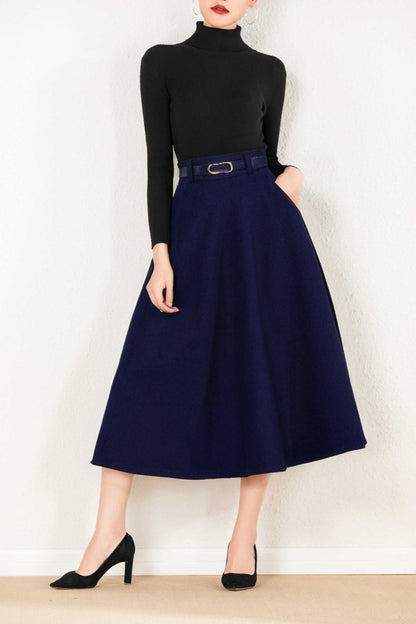Navy Wool A-Line Maxi Skirt - Side Pockets, Zipper Closure 5234