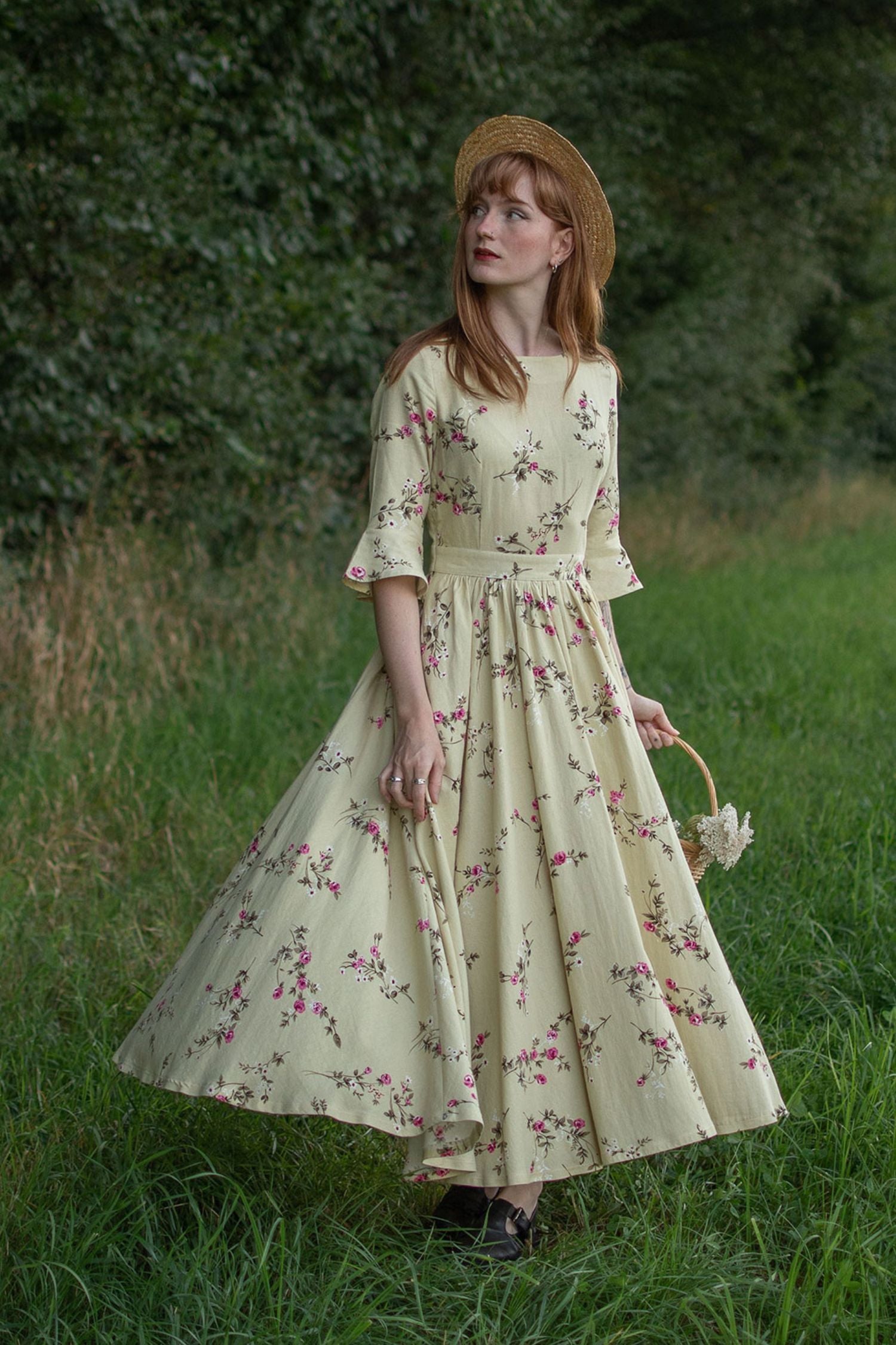 Beige Linen Maxi Dress - Vintage Floral Fit and Flared 3053