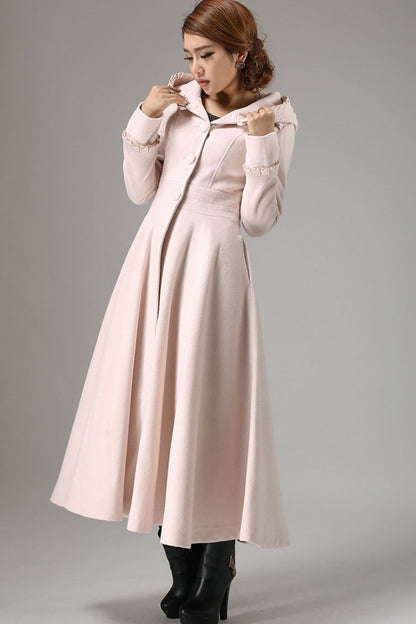 Vintage Pink Wool Blend Coat – Ruffle Hood Long Winter Coat for Women | Xiaolizi 0727
