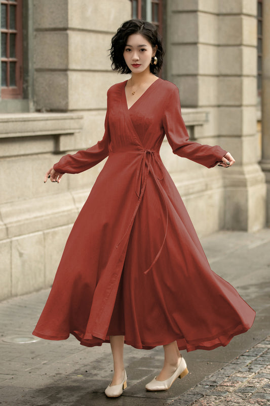Handmade Linen Cotton Wrap Midi Dress – Vintage Elegant V-Neck Swing Dress 6299