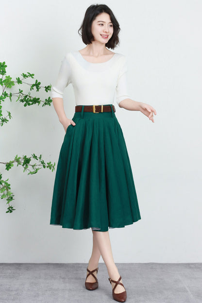 Emerald Green Linen Midi Skirt - Pleated High Waist Swing 5737