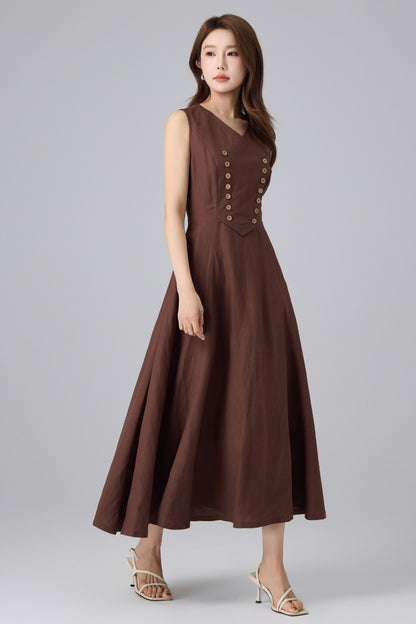 Brown Linen Pinafore Dress - V Neck A-Line Midi | Xiaolizi 6757