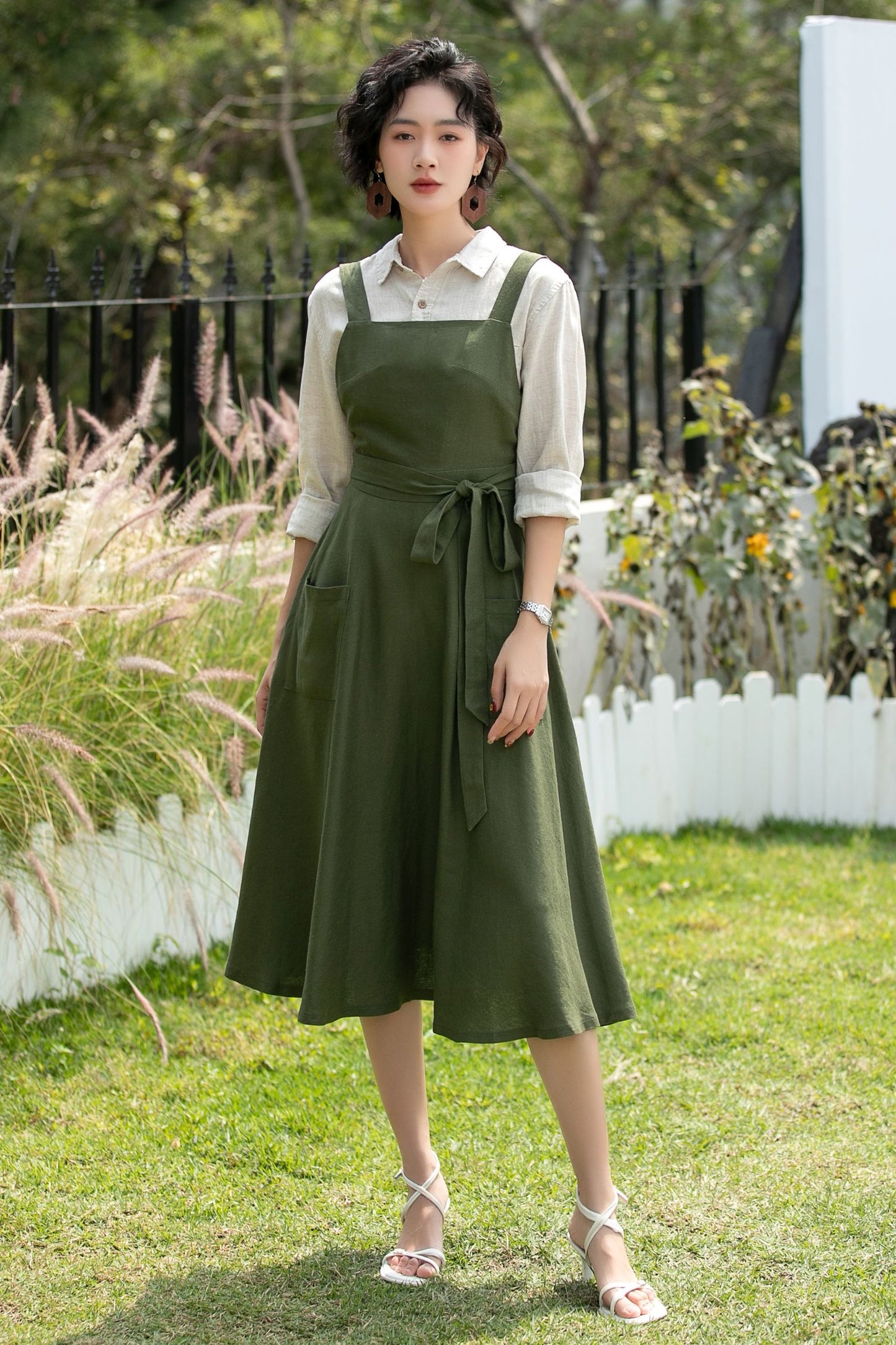 Olive Linen Cotton Pinafore Dress - Midi Fit Flare | Xiaolizi 6745