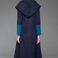 Navy blue long wool coat for winter with hood 1416#