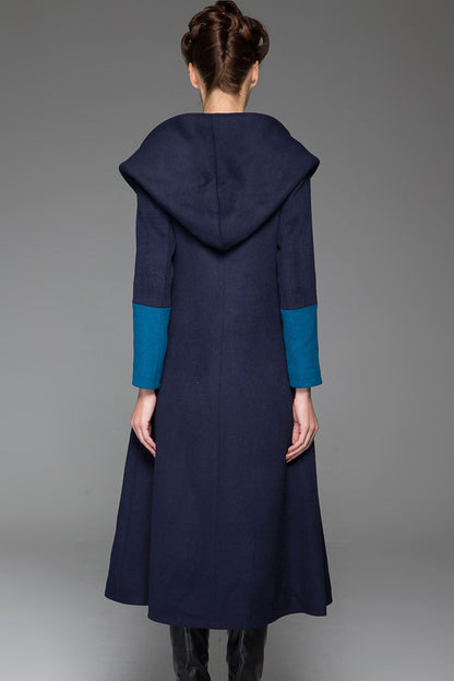 Navy Wool Coat with Teal Accents - Oversized Hood and Flared Silhouette 1416