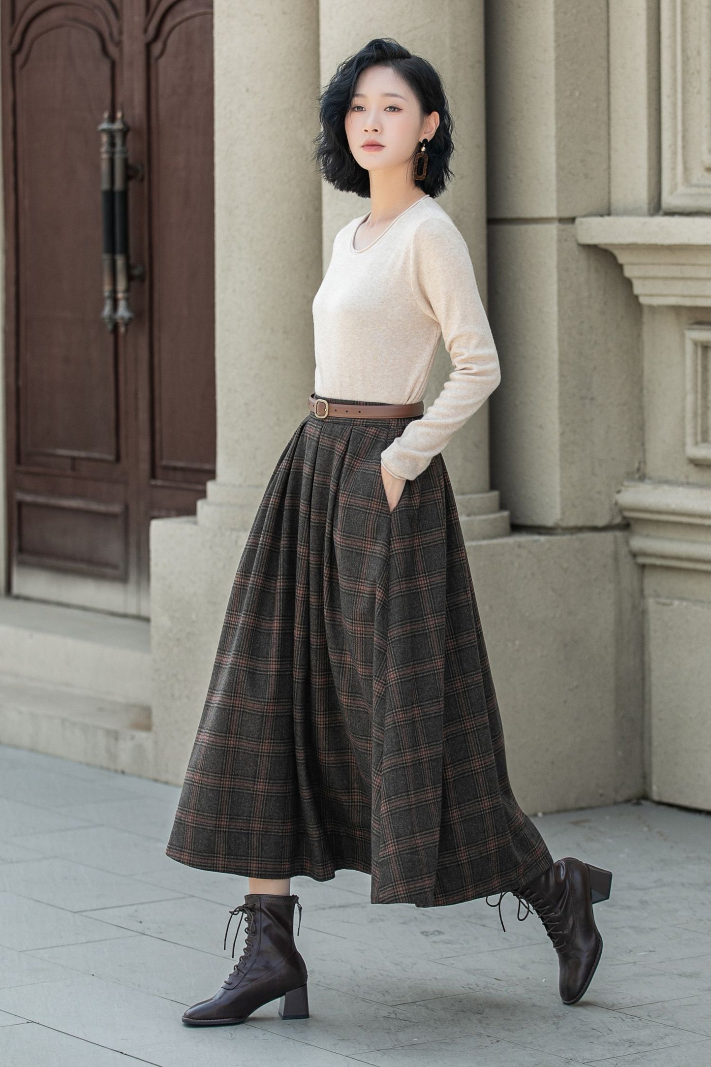 A line plaid midi winter wool skirt 5315