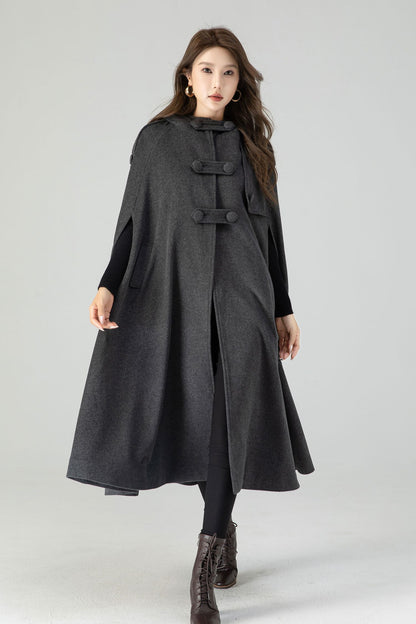 Handmade Dark Gray Wool Hooded Cape – Vintage Winter Cloak Coat with Pockets 4558