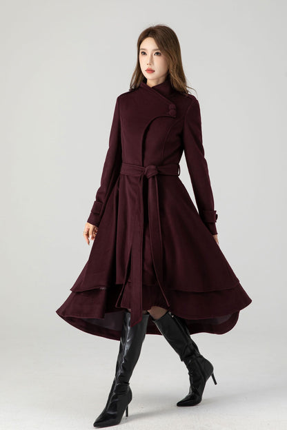 Burgundy Midi Asymmetrical Winter Wool coat 4603