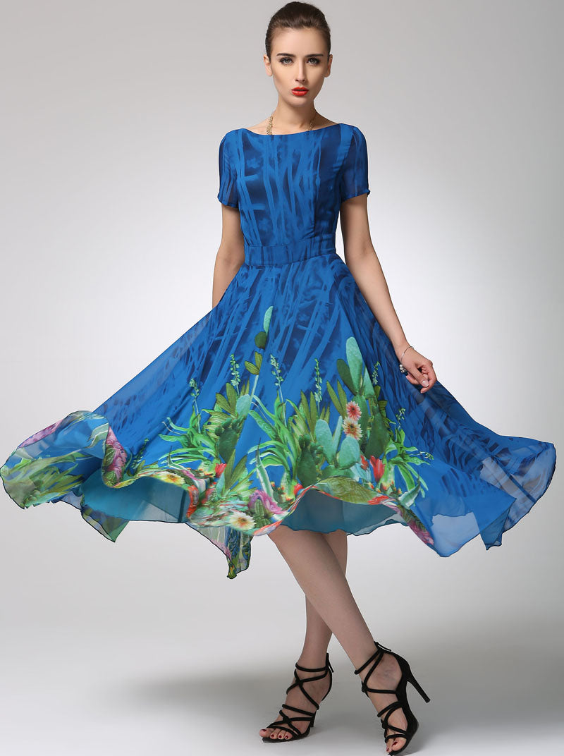 Blue Floral Chiffon Midi Dress for Women 1247