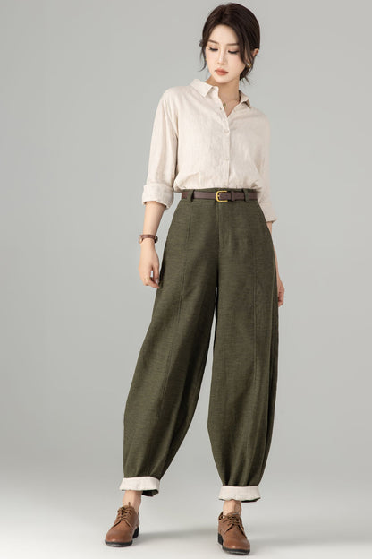 Army Green Linen Baggy Pants - Loose Fit, Ankle Length 5703