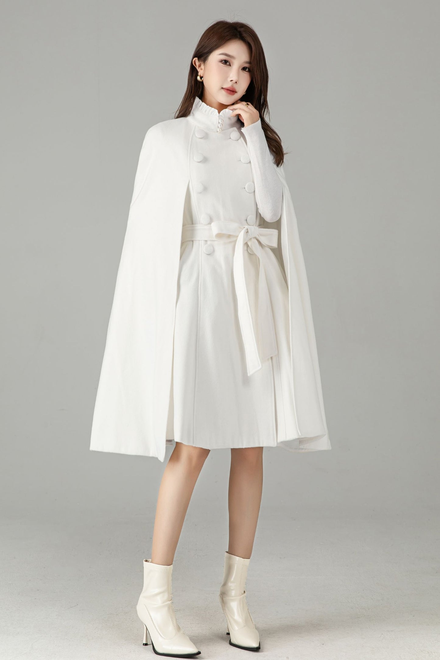 White Wool Cape Coat – Elegant Belted Winter Dress Coat | Xiaolizi 6575
