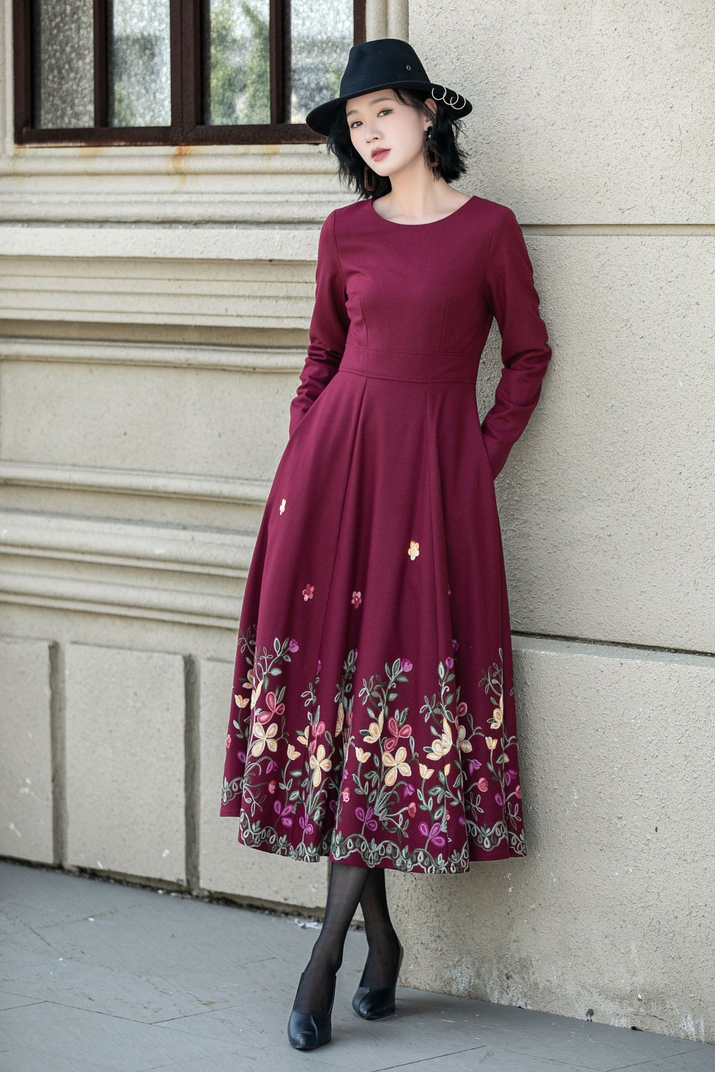 Embroidered burgundy fit and flare wool dress 5307