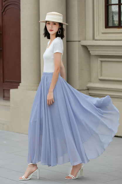 Handmade Light Blue Chiffon Midi Skirt – Flowing A-Line Swing with Elastic Waist 5110