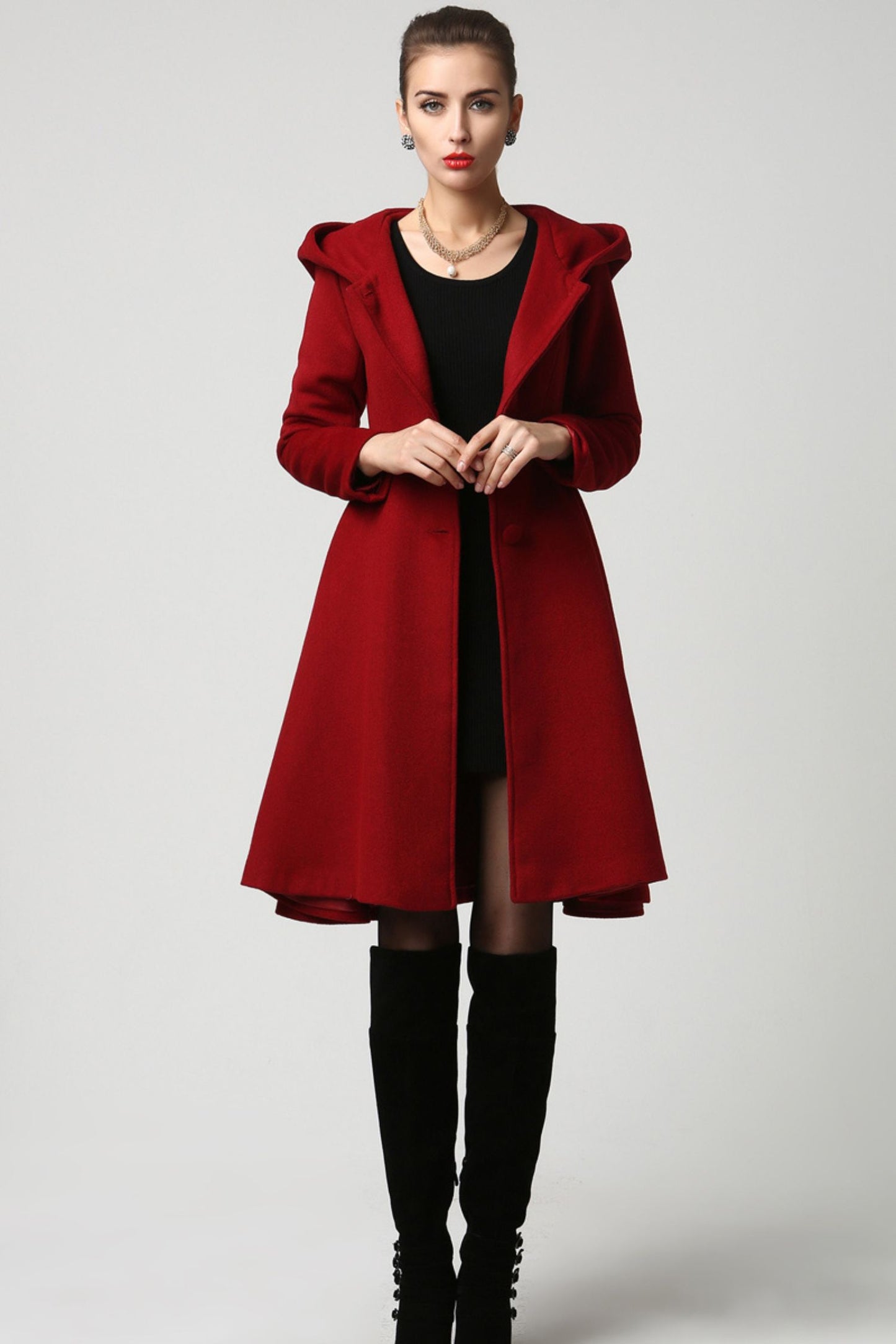 Red wool coat with big hood swing coat 1117