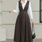 Brown Plaid Wool Midi Dress – Vintage Sleeveless Pinafore Swing Dress 6417