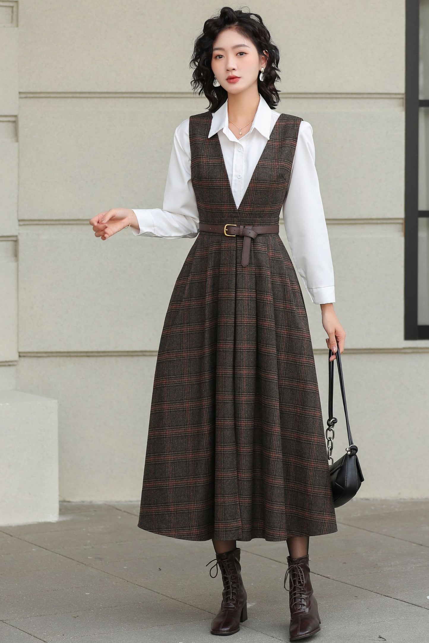 Brown Plaid Wool Midi Dress – Vintage Sleeveless Pinafore Swing Dress 6417