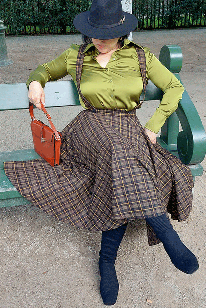 Brown Wool Plaid Midi Circle Skirt - Pleated, High Waist 4723