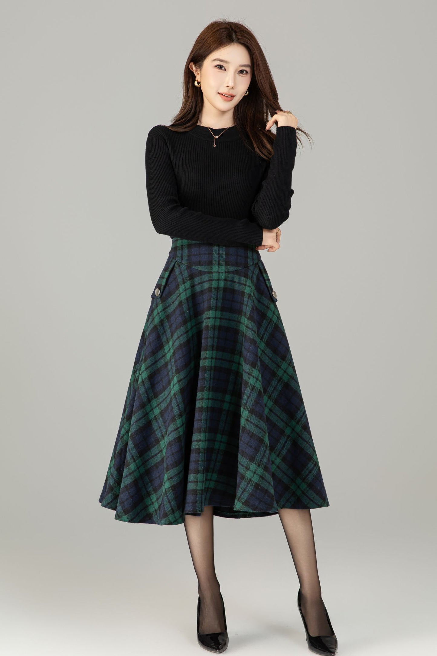 Xiaolizi Plaid Wool-Blend Pleated A-Line Midi Skirt – Plus-Size Winter 6502