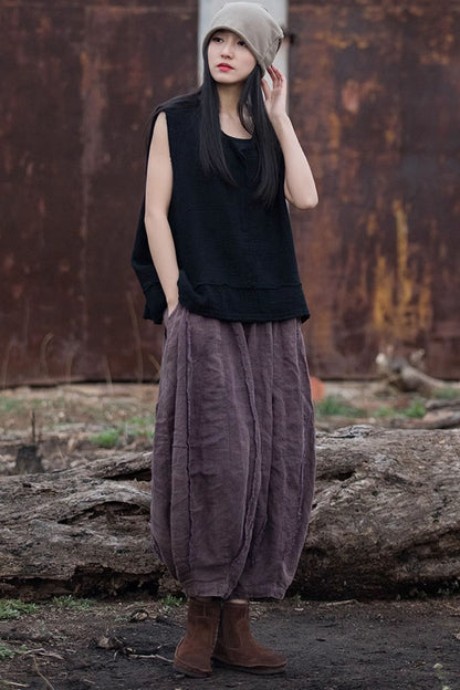 Purple Linen Cotton Bubble Pants - Loose Elastic Waist | Xiaolizi 4318