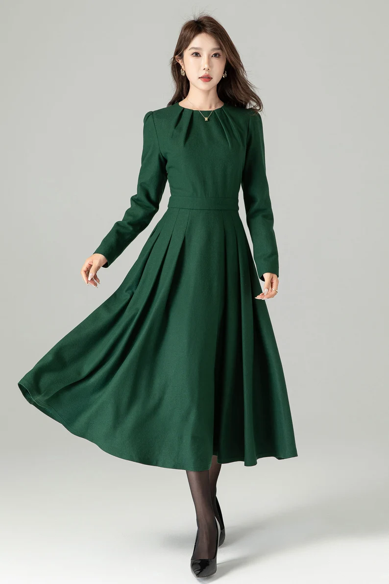 Elegant Wool Midi Dress Burgundy Pleated Skirt & Tailored Fit 5229 Xiaolizi Elegant Wool Midi Dress Burgundy Pleated Skirt & Tailored Fit 5229 Xiaolizi