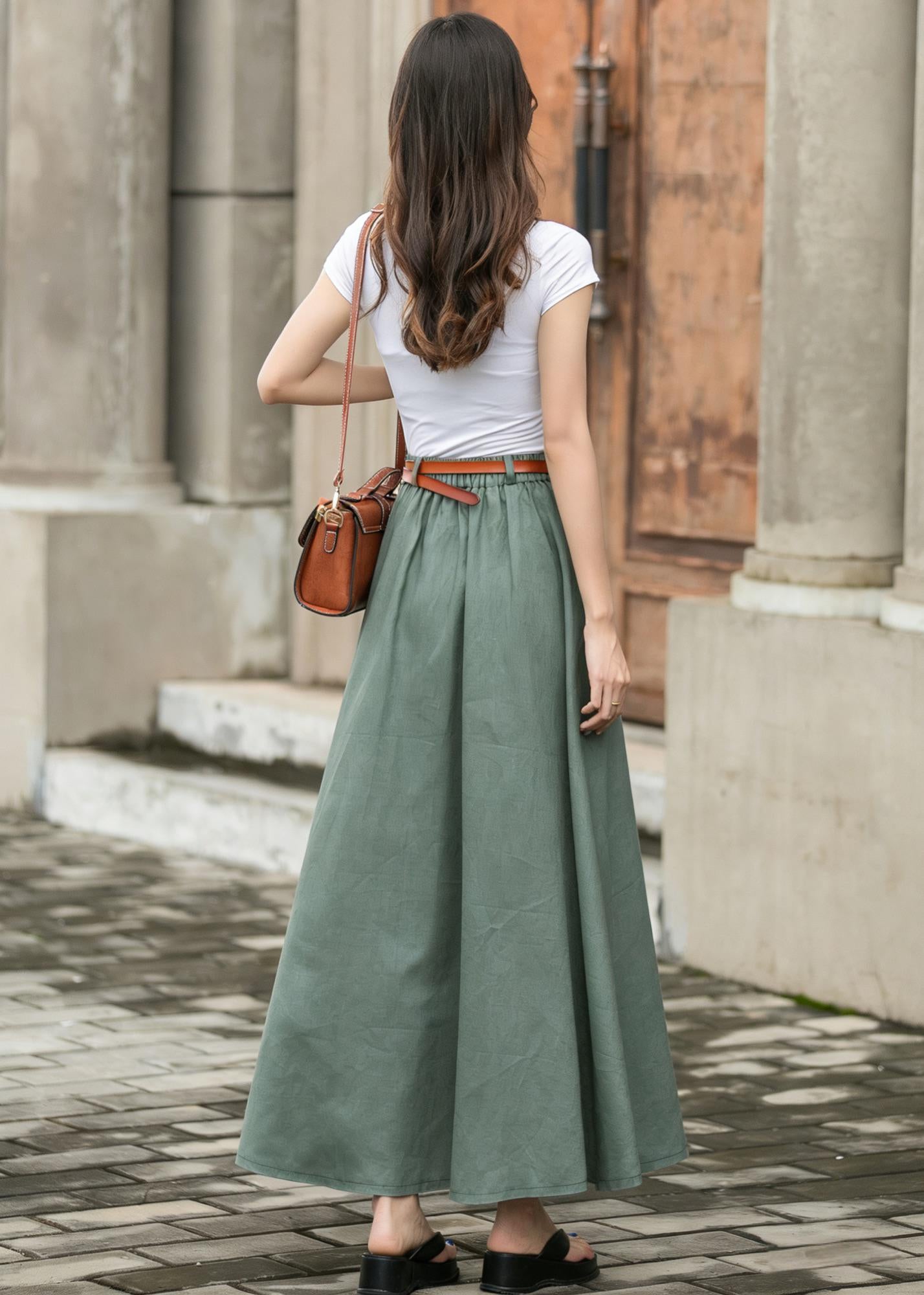 Green Linen Cotton Midi Skirt - Button-Down, Side Pockets 6766