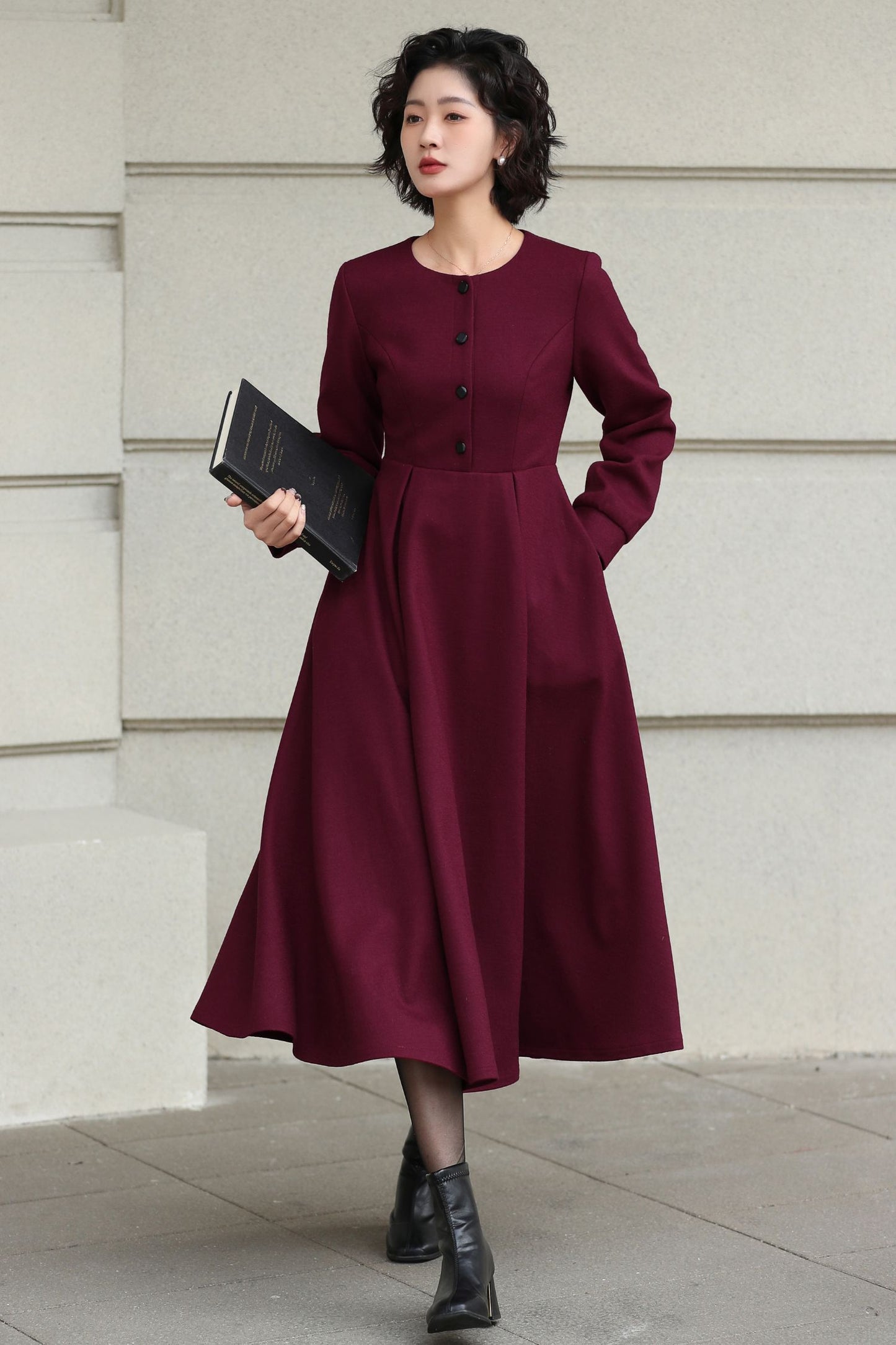 Burgundy Handmade Wool Midi Dress – Vintage Long Sleeve Winter Style 6618