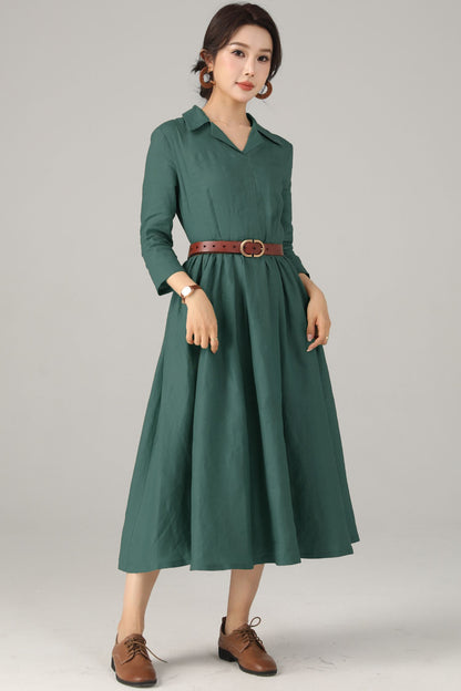 Green Linen Midi Shirt Dress - Fit and Flare Silhouette 5720