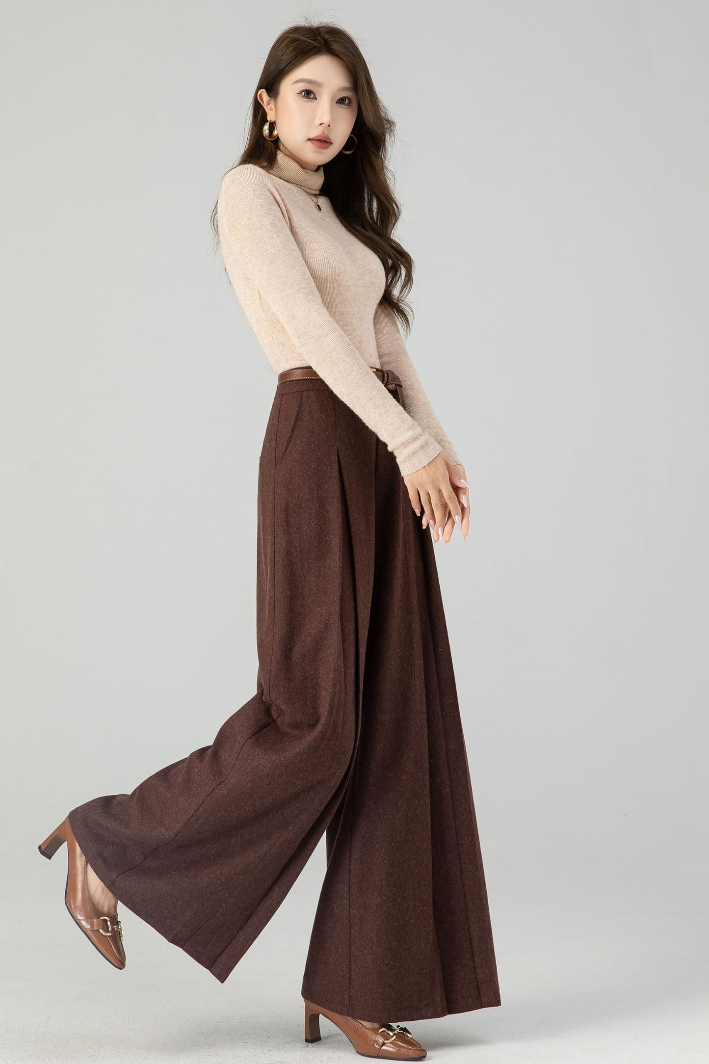 Brown wide leg long wool pants women 4554