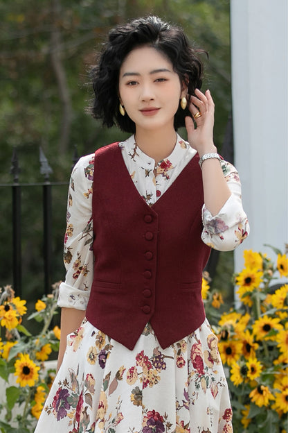 Vintage Style Tailored V-Neck Burgundy Linen Cropped Vest 6701