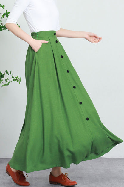 Green Cotton Linen Maxi Skirt - Button Down Pleated Design 5732